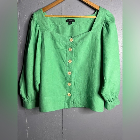 J.Crew 100% Linen Blouse Square Neck Balloon Sleeve Button Front Green Size XL - Picture 1 of 7